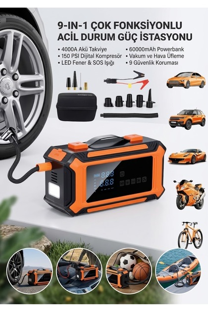 4000A 60000mAh Çantalı Oto Araç Akü Takviye Cihazı Kompresörlü Lastik Şişirme Pompası Vakum Hava Üfleme Fanı Dijital Ekranlı Acil Durum Kiti