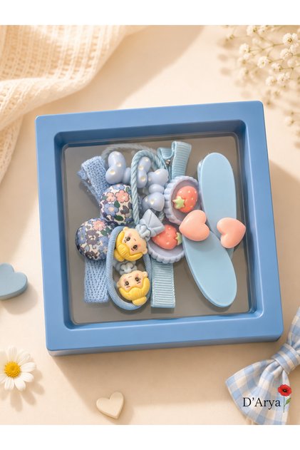 D’Arya Blue Kawaii Figured 8-Piece Girls' Hair Accessory Gift Boxed Set – Snap Rubber Hair Clip Dd832