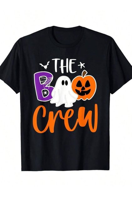 تيشيرتات متطابقة للعائلة من The Boo Crew، قميص أسود بتصاميم على شكل يقطين وحروف برتقالية جريئة، أزياء حفلات الهالوين للكبار لمناسبات توزيع الحلوى والمنزل المخيف - قابلة للغسل في الغسالة لموسم الأشباح