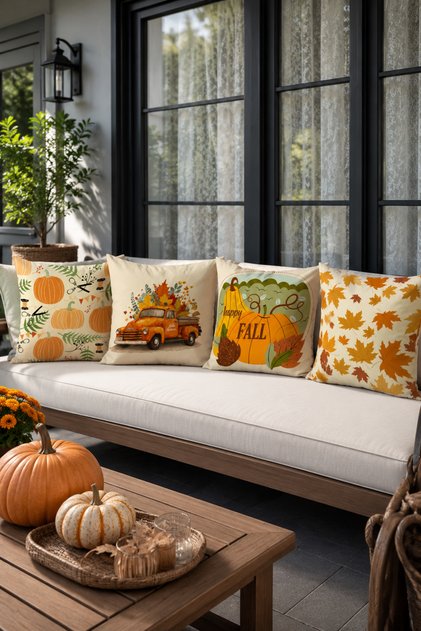 Orange Pumpkin Patterned Autumn Themed Set of 4 Decorative Throw Pillow Covers