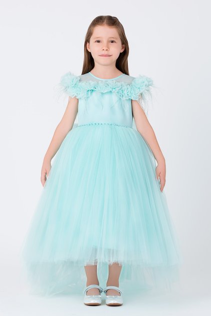 Girl's Evening Dress Feathered Three-Dimensional Floral Long Back Tulle Dress - Birthday, Party, Wedding, Graduation (8, 9, 10, 11, 12 Years) 35017Pr