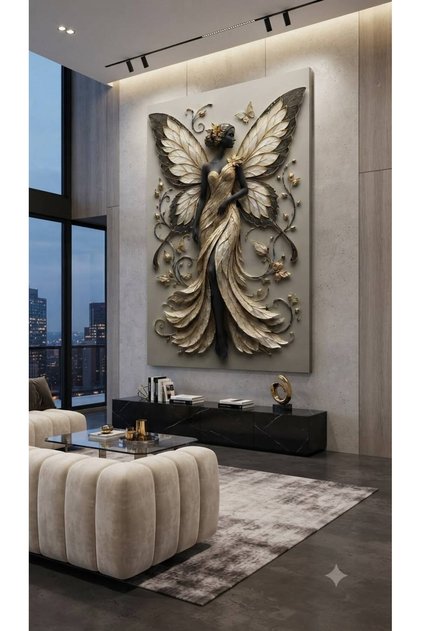 Premium Modern Dekorasyon Kanvas Tablo Kanatlı Kadın Figürü ve Altın Detaylı - 3D Efektli Özel Tasarım