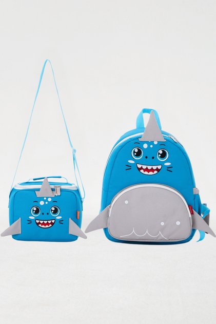 Licensed Shark Figured Blue Girls/Boys Nursery Kindergarten Backpack and Thermal Insulated Lunch Bag Set