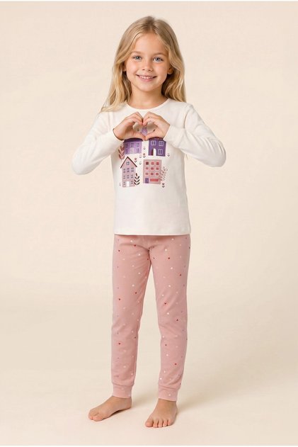Girls Cotton Crew Neck Home and Heart Printed Long Sleeve Pajama Set 9282 Pink