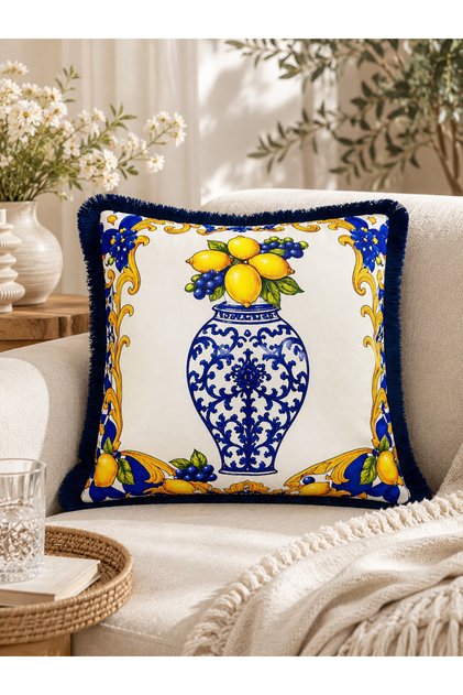 غطاء وسادة مزخرف باللون الأحمر بنمط الليمون والعنب مع شراشيب، مقاس 43x43 سم