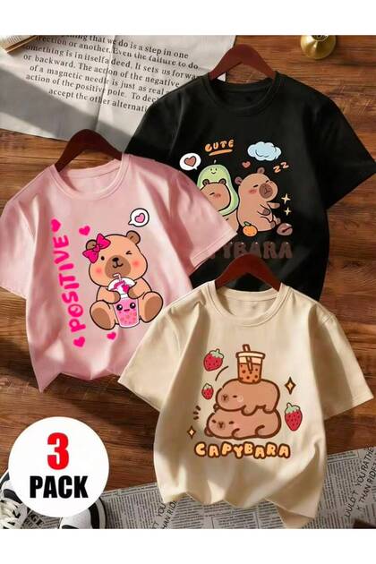 Girl's 3-Pack Positive and Capy Bara Printed Crew Neck T-Shirt (Black-Beige-Pink)