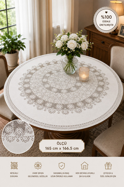 Handmade Lace Tassel Edged Round Large Size Tablecloth 165 X 166.5 cm Living Room Dining Table Cover