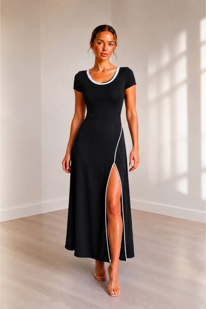 Women's Black Round Ribbed Collar Long Length Viscose Dress with White Stripe Detail