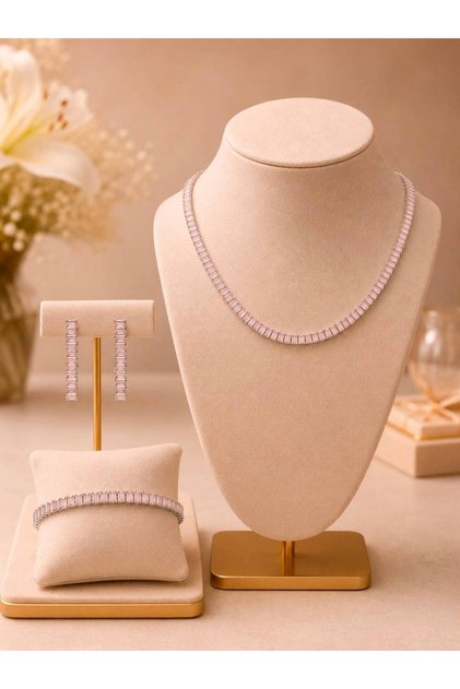 Pembe Opak (Pastel) Zirkon Taşlı Su Yolu Kolye Bileklik Küpe 3'lü Gümüş Set