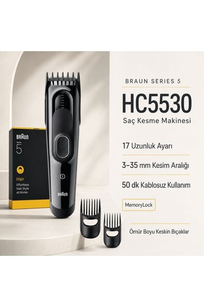 Saç Kesme Makinesi Series 5, +3 Aksesuar, Ömür Boyu Keskin Bıçak, 17 Uzunluk, HC5530