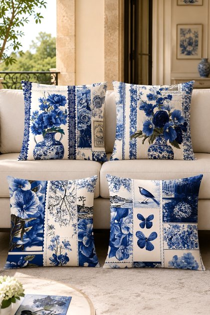 Cobalt Blue Flowers Patterned 4-Piece Throw Pillow Cover Set
