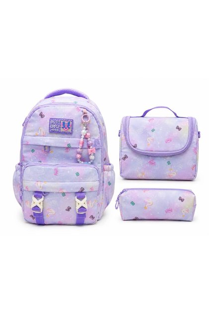 Butterfly Themed Five-Compartment Orthopedic Bag with Accessories, Pen Holder and Thermos, 3-Piece School Bag Set'Butterfly'