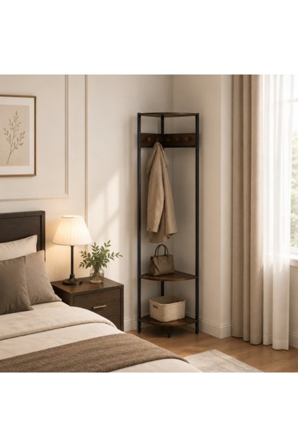 Corner clothes hanger with shelves - Coffee x Black