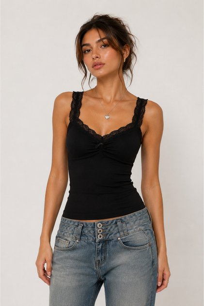 Siyah Dantel Detaylı Fiyonklu Coquette Y2K Askılı Crop
