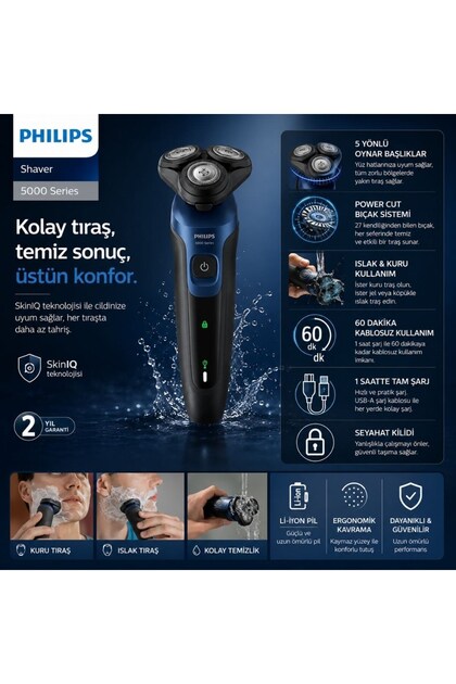 5000 Serisi Islak&Kuru Tıraş Makinesi, 360° Yüz kıvrımı başlıklar, Hassas Düzeltici,S5445/03