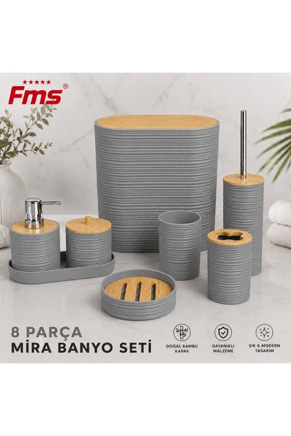 Mi̇ra 8 Pieces | Modern Bathroom Set | Bamboo Covered | Gri |