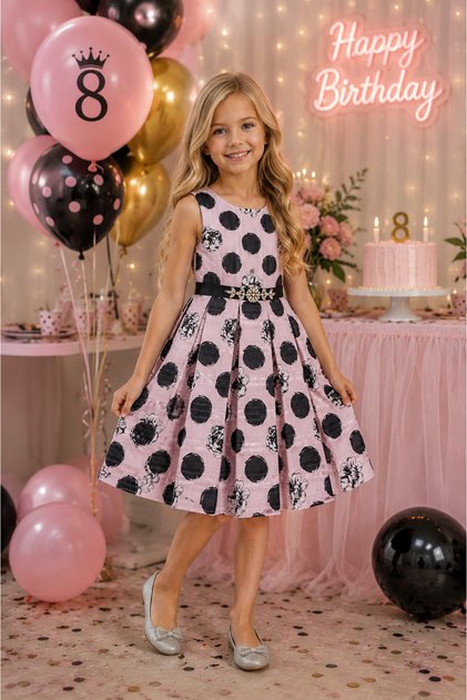 Girl's Polka Dot-Floral, Brooched, Elegant V-Back Cutout and Thin Ribbon Tie Detail, Crown Accessory, Lined Flared Dress 5-9 Years Birthday Wedding, Special Occasion