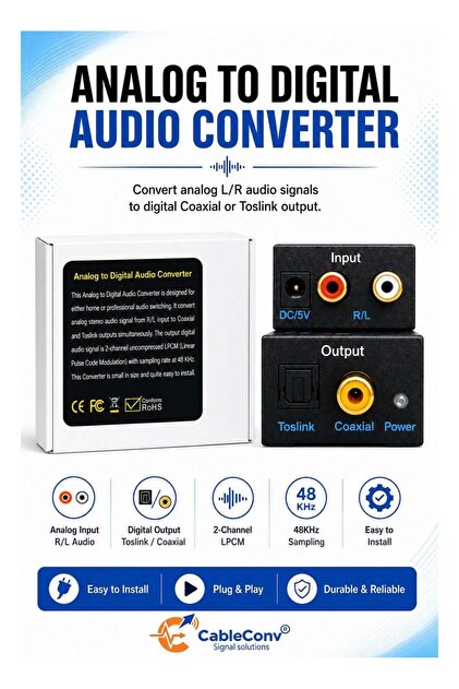 CABLE CONV Analog to Digital Audio Converter RCA to Optical Toslink & Coaxial | 2-Channel LPCM 48KHz DAC Converter | Plug & Play Audio Adapter