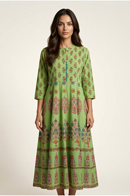 Rochie eleganta lunga din bumbac imprimat manual, verde, marime L