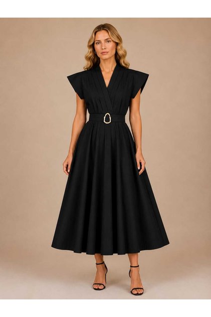Yeni Sezon Premium Casual Kruvaze Yaka Kemerli Midi Elbise