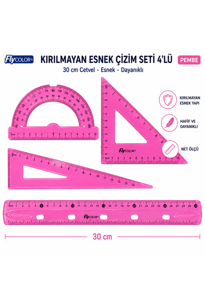 Kırılmayan Esnek Çizim Seti 4'lü (Cetvel, Gönye, İletki)