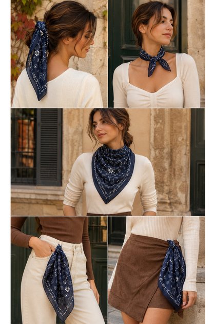 Women's Navy Blue Shawl Patterned Cotton 70X70 Imported Scarf Flr6002