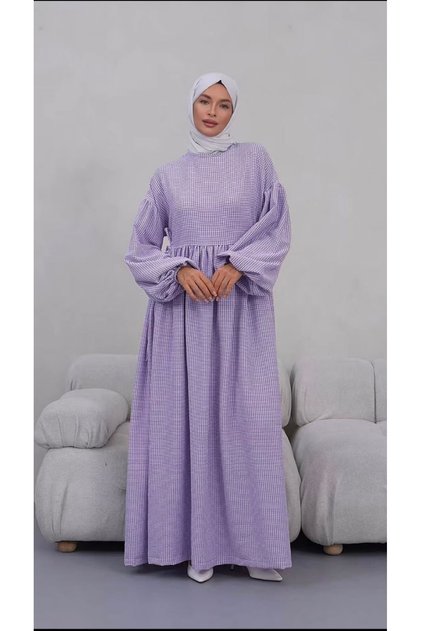 Purple Gingham Patterned Seersucker Fabric Hijab Dress with Waist Tie