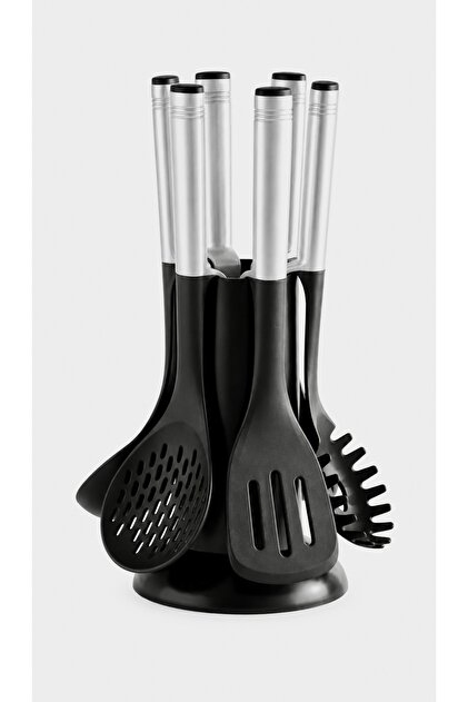 5 Piece Plastic Large Size Kitchen Utensil Set with Stand | Scoop, Spoon, Colander, Spatula, Pasta Serving Spoon | Heat Resistant Bpa Free Non-Stick