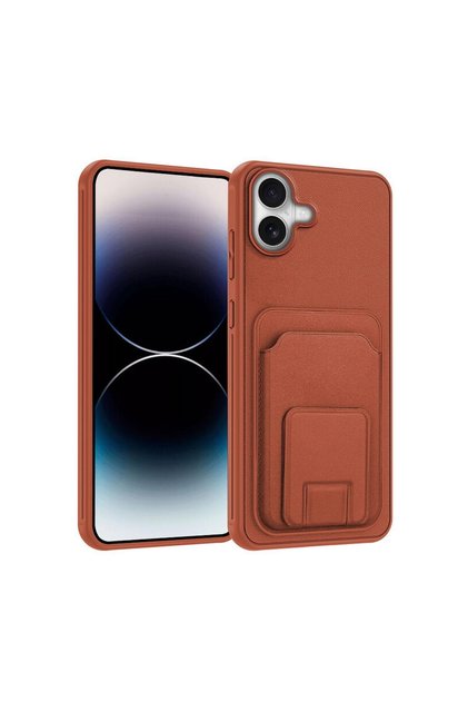 Apple iPhone 16 Compatible Case with Stand and Card Holder Silicone Case Brown