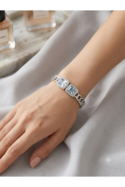 Women's Silver Color Steel Bracelet Double Square Crystals Surrounded Zircon Stone Gourmet Chain Bracelet