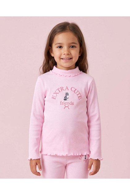 Girls Pink Graphic Rib High Neck T-Shirt