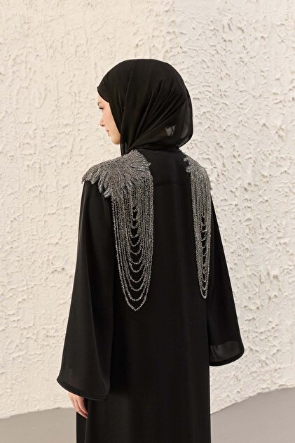 Feriha El İşi Taş İşlemeli Siyah Abaya