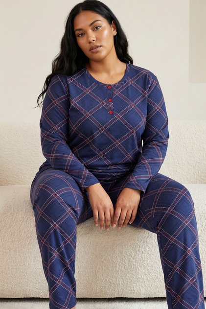 Navy Blue Plaid Patterned Buttoned Cotton Lycra Plus Size Oversized Knitted Pajama Set26240890