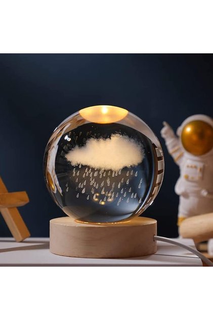 مصباح ليلي على شكل كرة كريستالية ثلاثية الأبعاد مع إضاءة LED شفافة وقاعدة خشبية وزخارف كرة زجاجية