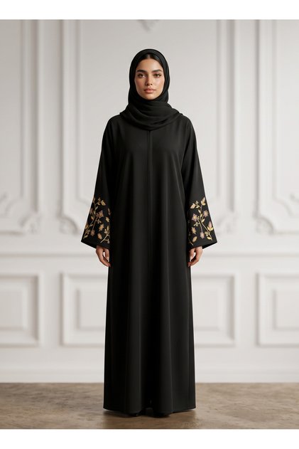Golden Flora Embroidered Abaya | Nida Fabtic