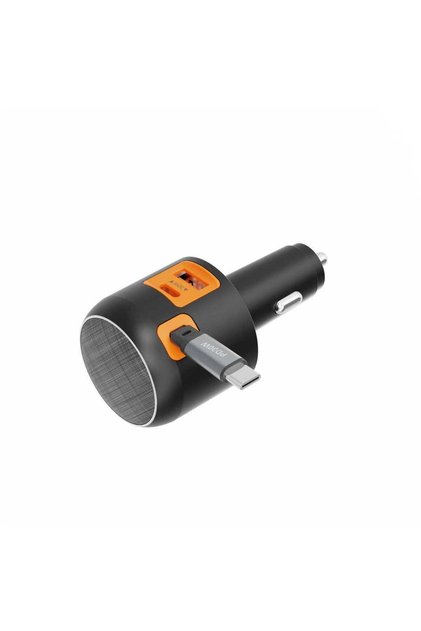 شاحن سيارة 60 واط مع كابل USB-C قابل للسحب، 3 منافذ شحن سريع، 12-24 فولت، أسود