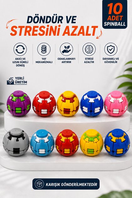 10 Adet Bas Döndür Stres Topu Stres Giderici Mekanizmalı Renkli Fidget Spinner Spinball Top Oyuncak