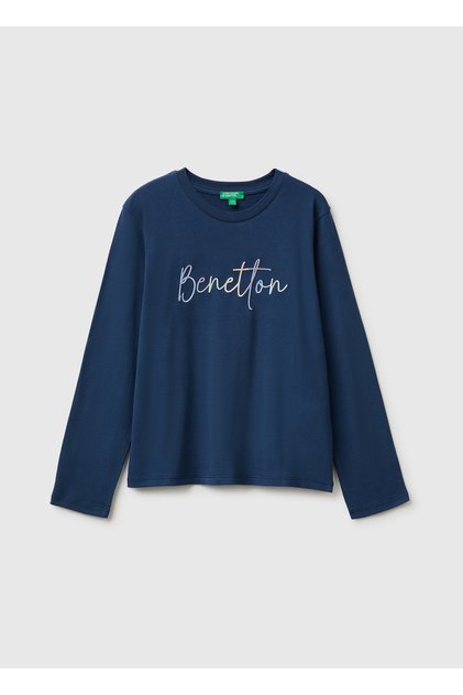 Girl's Navy Blue Long Sleeve T-Shirt with Embroidered Front