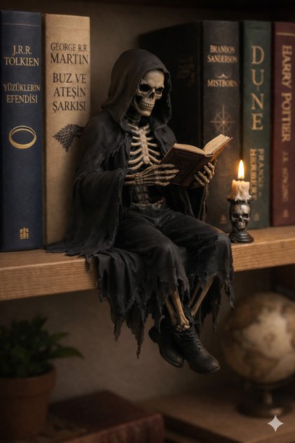 Kitap Okuyan Kapüşonlu İskelet Figürü 12 cm – 3D Baskı Gotik Kitaplık Raf Dekoru ve Kitapsever Hediyesi