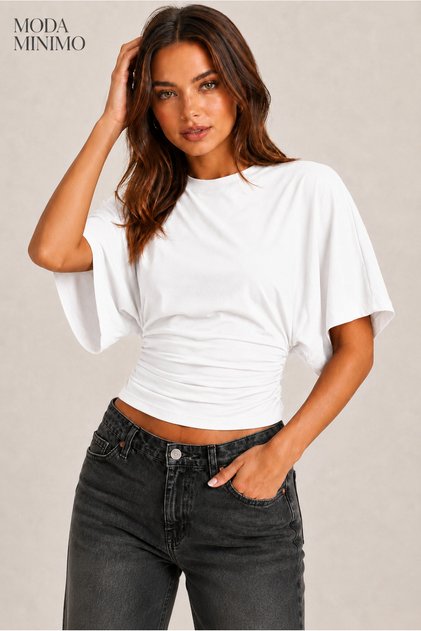 Women's Crew Neck Blouse Bat Sleeve Blouse T-Shirt Wide Sleeves Fitted Waist Gathered Waist Lycra Single Jersey Fabric Blouse Summer Stylish T-Shirt