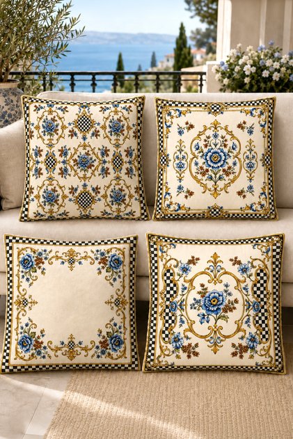 Set of 4 Cushion Covers with Floral Pattern in Square Frame