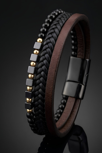 Men's Leather Bracelet Black and Brown Leather Bracelet Yellow Black Hematite and Onyx Stone Beaded Bracelet