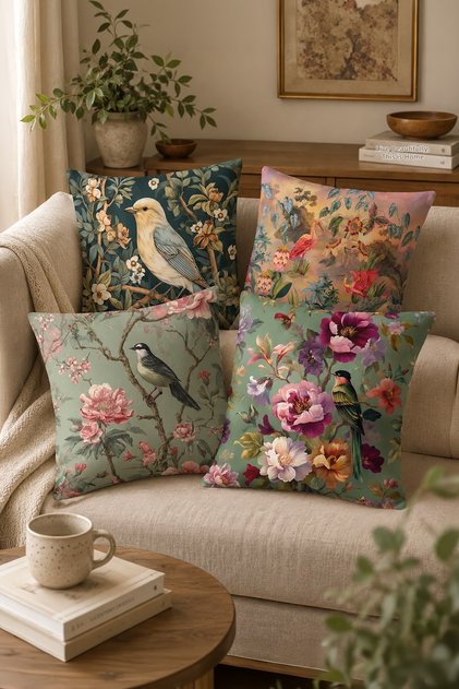 Birds on the Branch Patterned Set of 4 Throw Pillow Covers