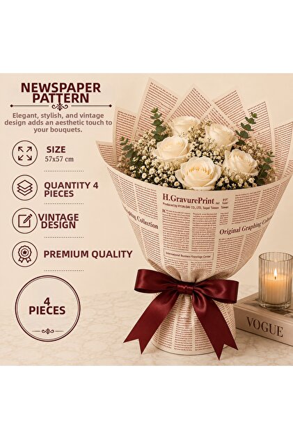 Cream Burgundy English Newspaper Patterned Bouquet Wrapping Paper 57X57 cm Flower and Gift Package 4 Pieces