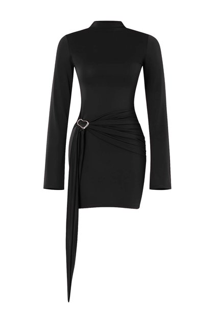 Schwarzes, gerades, figurbetontes, kurzes, elastisches Strickkleid mit Stehkragen und Accessoire-Detail TWOSS26EL00813
