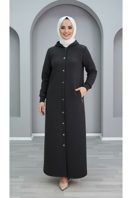 Venus Kap Box Quilted Fabric Women's Black Hooded Buttoned Cap
