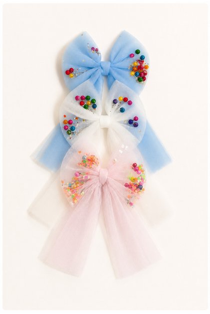 Girl's Buckle Colorful Beaded Tulle Bow Elastic Buckle Set of 3