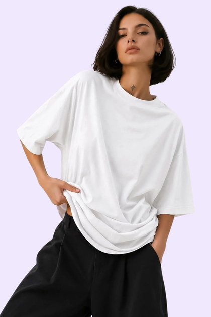 Women's White Oversize Oysho Fabric Basic T-Shirt - Loose Fit Comfortable Cut