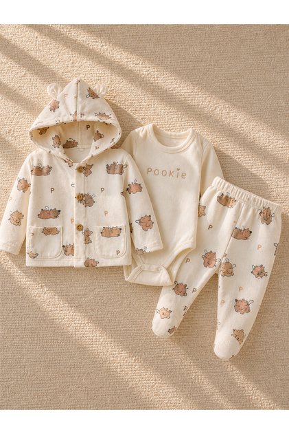 100% Cotton 3 Piece Hooded Baby Set Bodysuit Leggings Teddy Bear Pattern