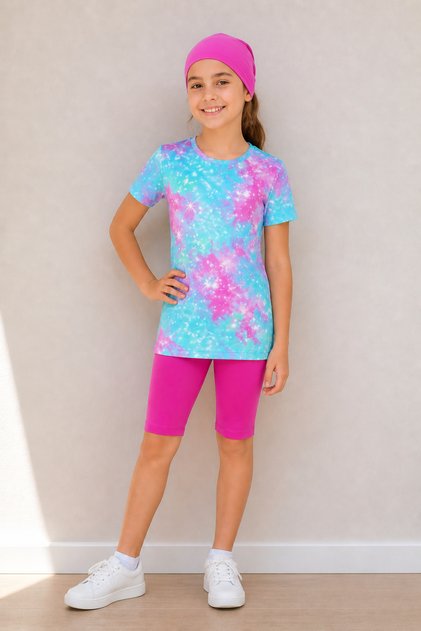 Girl's Star-Patterned Sleeveless Skirt, Long Top, Cap, Leggings, 3-Piece Sea Pool Swimsuit Haşema Set